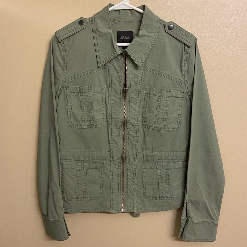 Guess army green jacket with interior drawstring waist